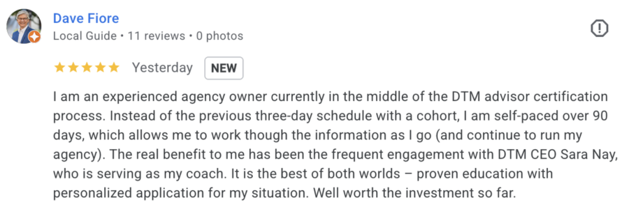 agency owner, dave fiore, five star review of duct tape marketing certification program for marketing business owners